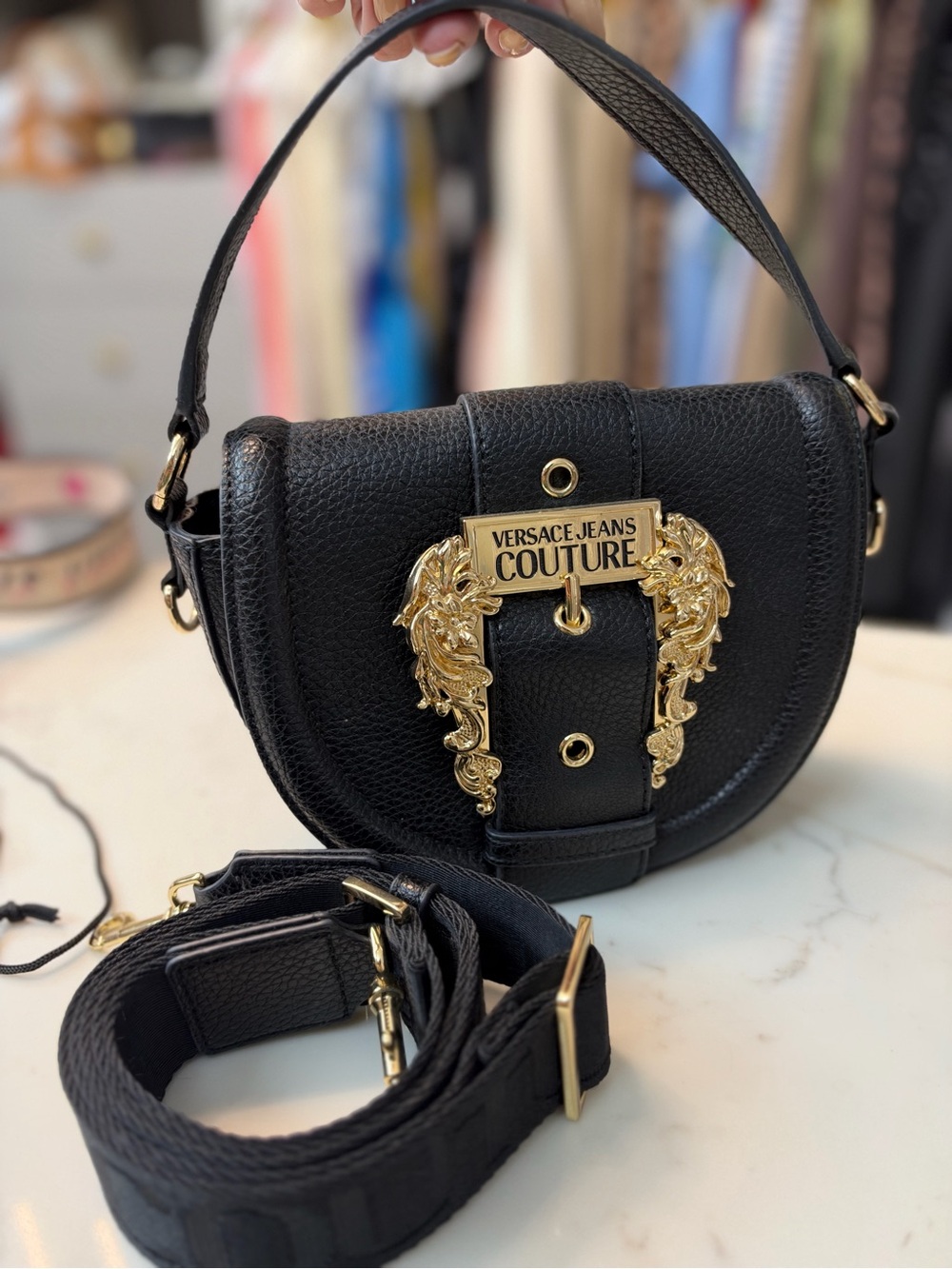 Versace Jeans Couture Black Leather Crossbody with Gold Crest Hardware - Picture 2 of 9